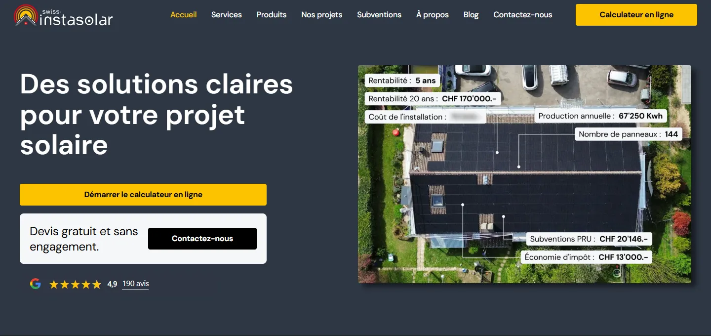 Aperçu du site Swiss Instasolar, consacré aux projets et installations solaires