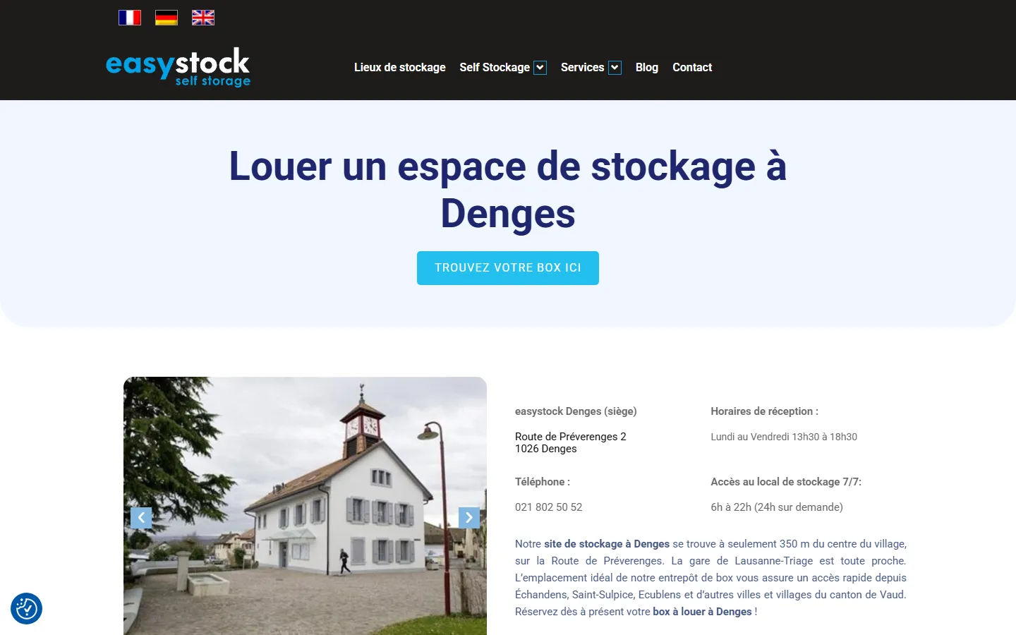 Aperçu de la page EasyStock consacrée au stockage à Denges