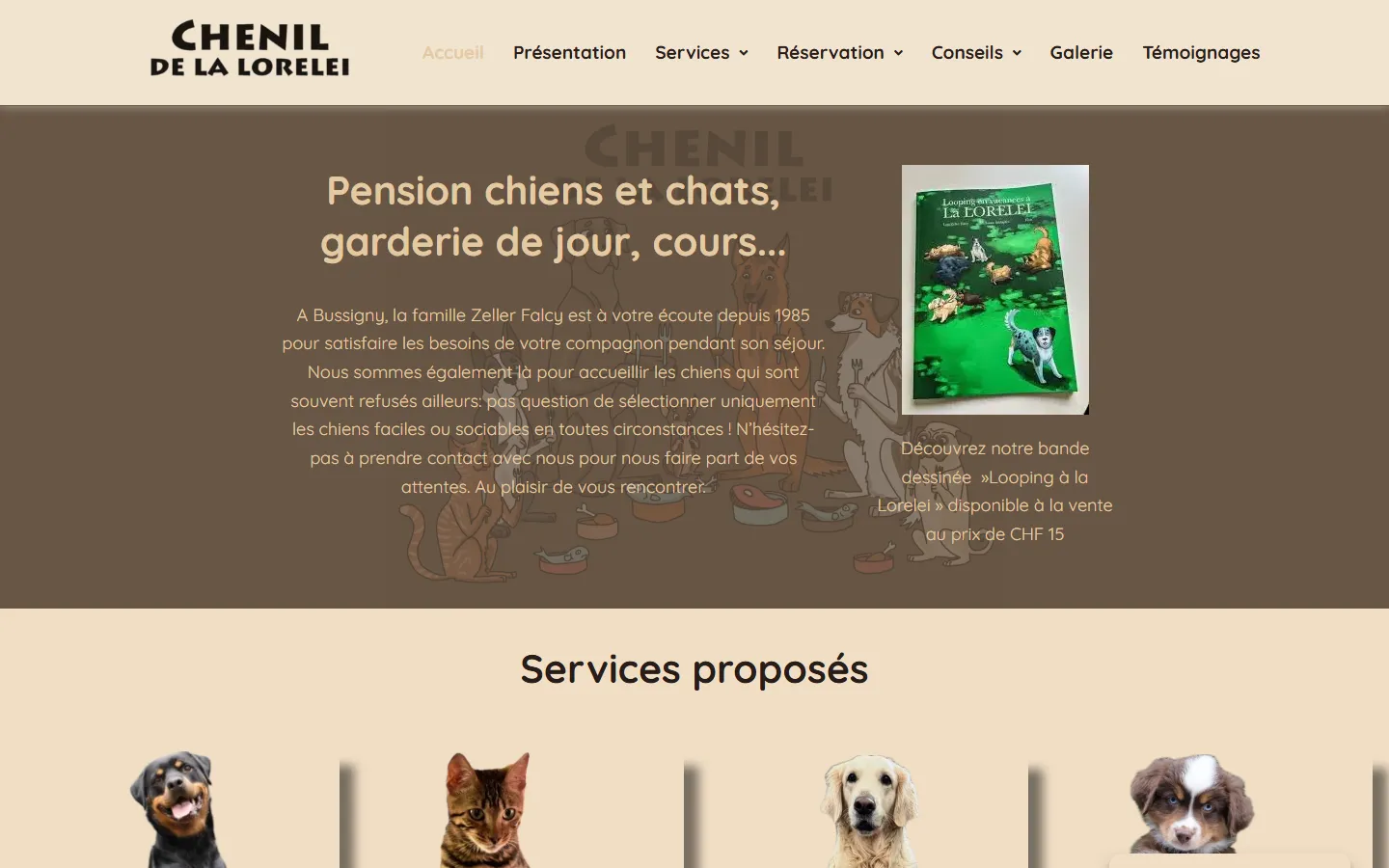 Aperçu du site de La Lorelei, pension pour chiens et chats à Bussigny