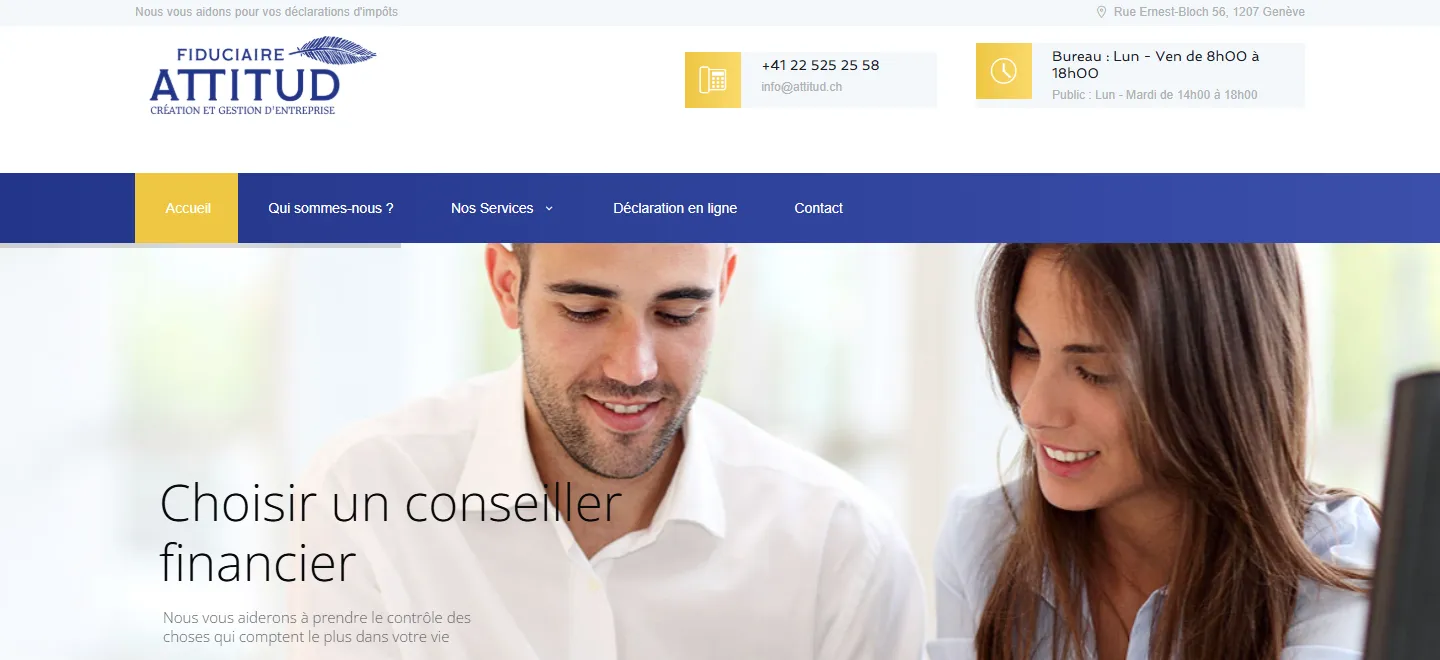 Aperçu du site de Fiduciaire Attitud : identité bleue et jaune et présentation du conseil financier