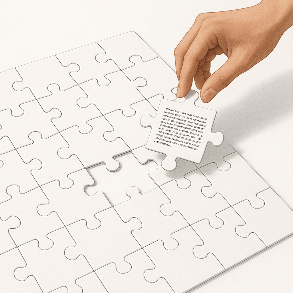 Main plaçant une pièce portant un document dans un puzzle blanc.