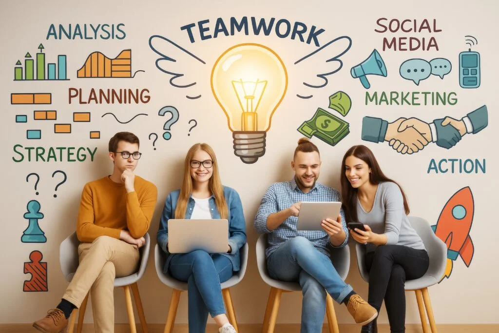 Quatre collègues utilisant des appareils numériques devant un mur illustrant le travail d’équipe.