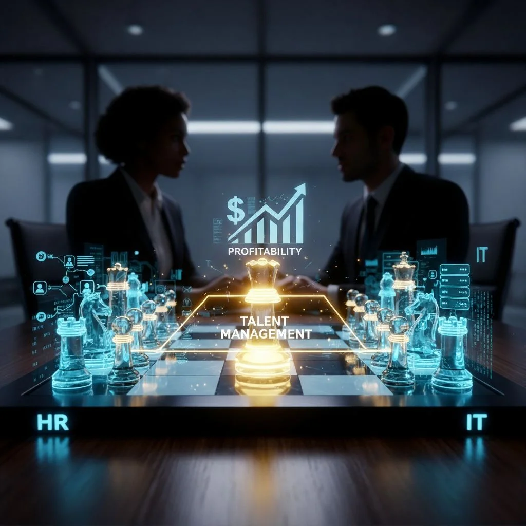 Deux collègues face à une interface reliant les ressources humaines, la gestion des talents et l’informatique.