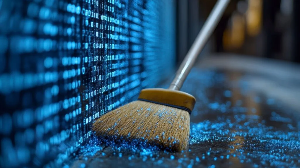 Un balai balaie des particules numériques bleues lumineuses - illustrant la technique de dette - d’une surface située devant un mur affichant un code binaire.
