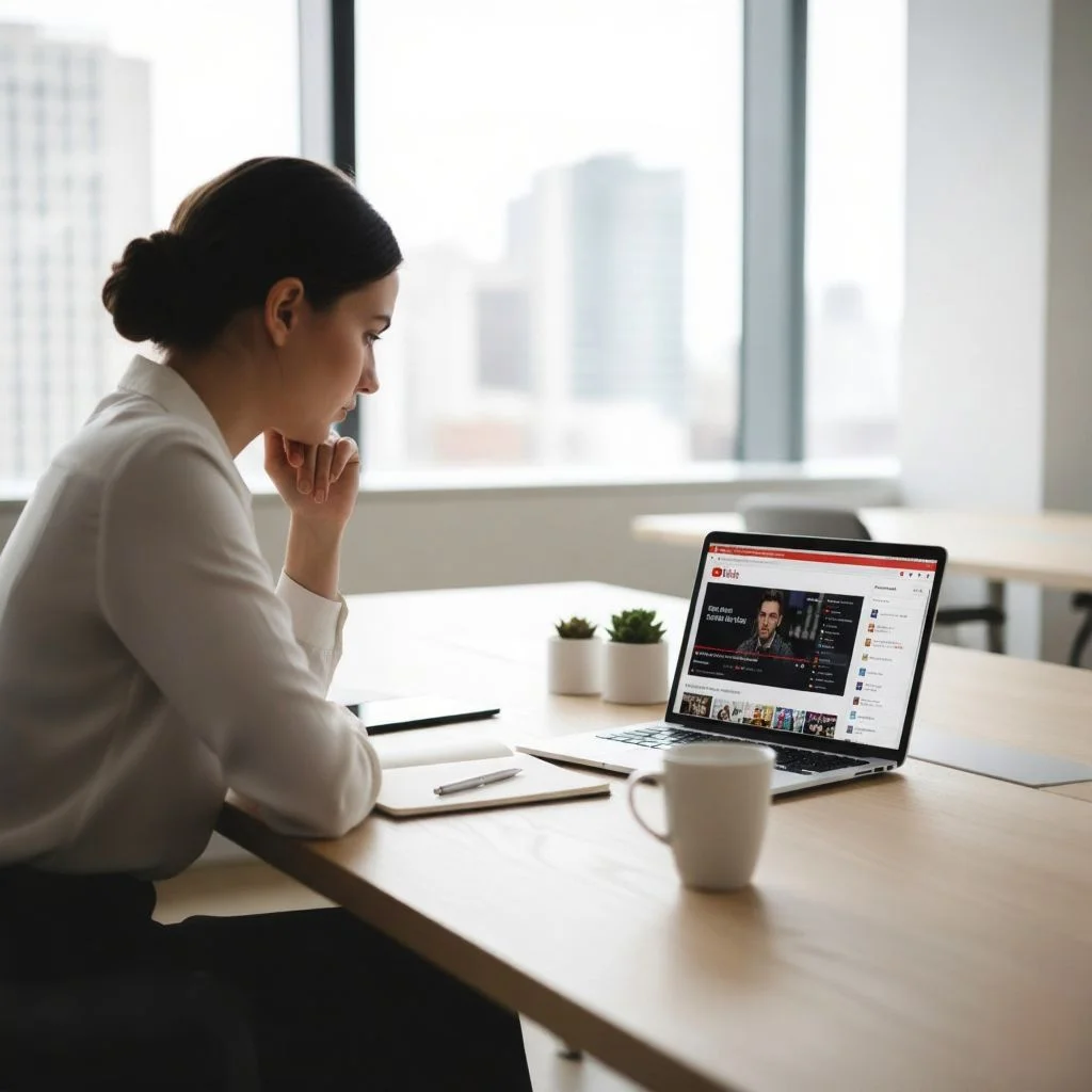 Femme consultant des vidéos sur un ordinateur portable à son bureau.