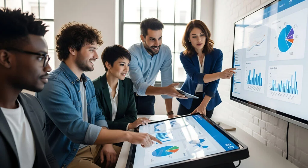 Un responsable guide cinq personnes en tenue de travail qui discutent de graphiques et de tableaux affichés sur un grand écran et une table tactile dans une salle de réunion de bureau moderne.