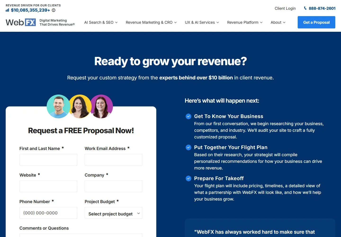 Page de devis WebFX : formulaire avec budget à gauche et trois étapes du prochain échange à droite.