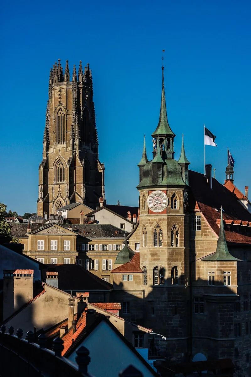 Cathédrale Saint-Nicolas et toits de la vieille ville de Fribourg