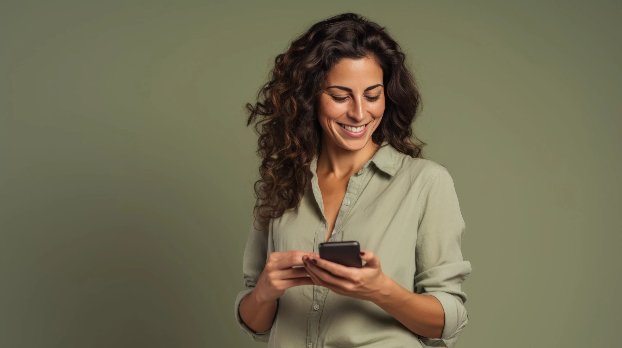 portrait studio d’une jeune femme brune souriante en train d’utiliser une application sur son téléphone portable pour faire un achat ou communiquer