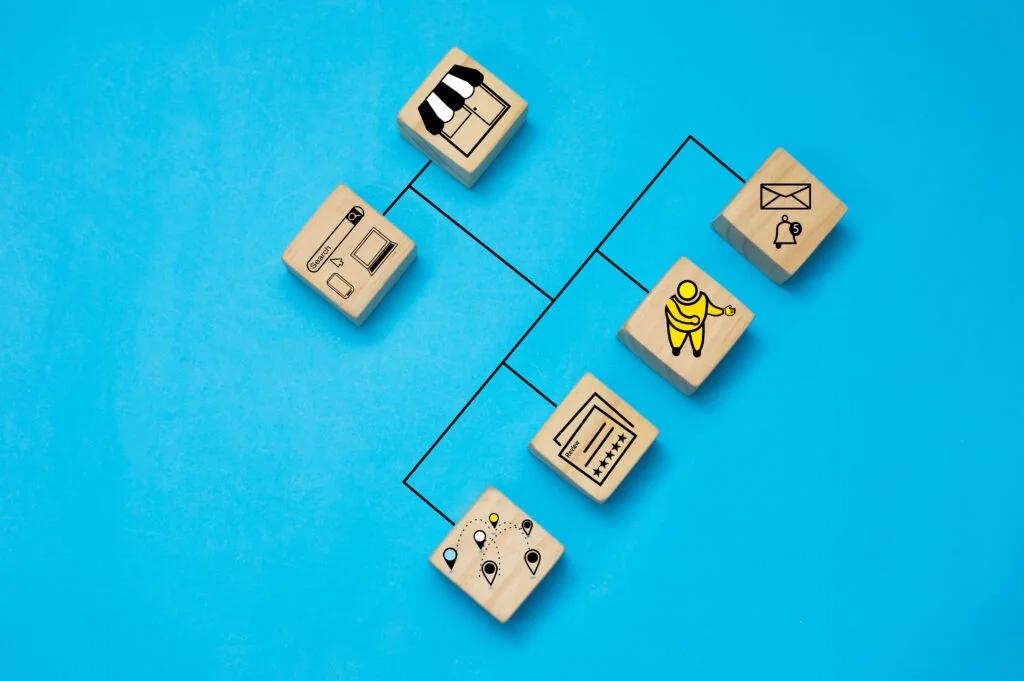 Cubes reliés représentant différents points de contact entre une entreprise et ses clients.