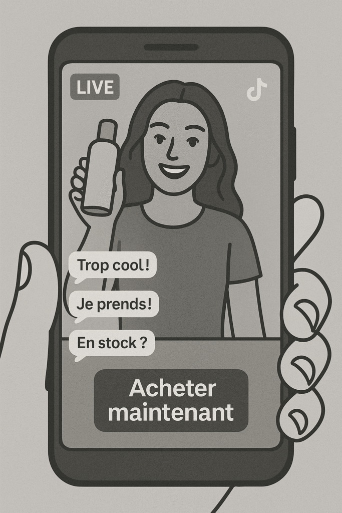 Vente en direct sur smartphone : présentation d’un produit, commentaires et bouton Acheter maintenant.