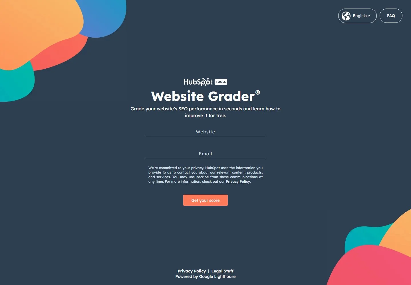 Website Grader de HubSpot : promesse d’évaluation, champs site et e-mail, bouton pour obtenir son score.