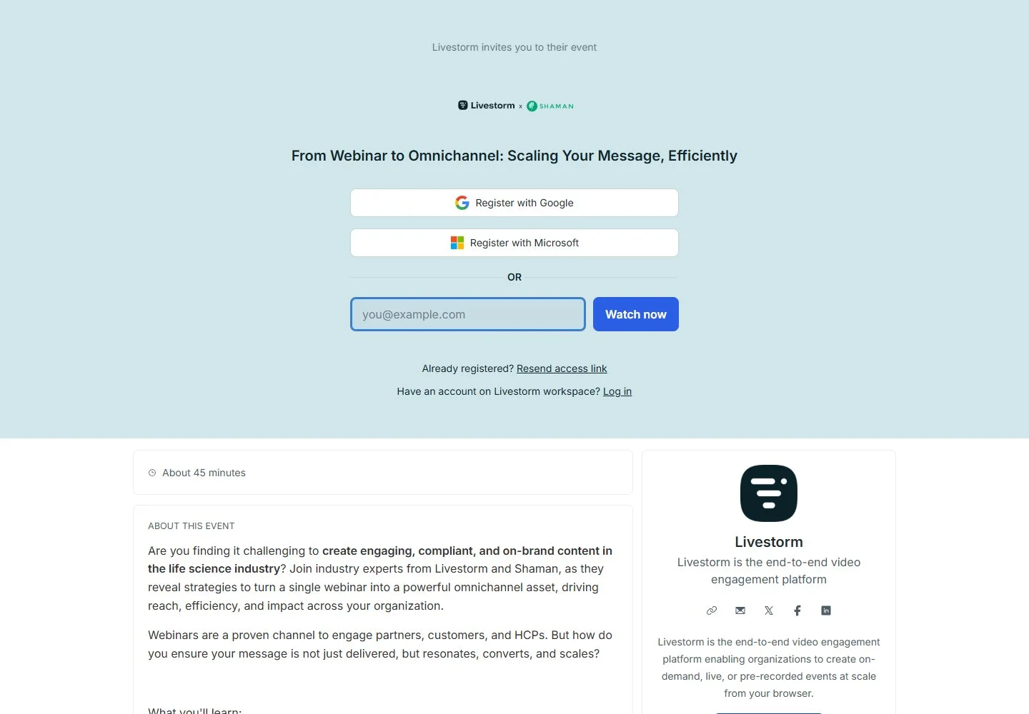 Page de replay Livestorm : titre du webinar, inscription par e-mail et bouton Watch now.