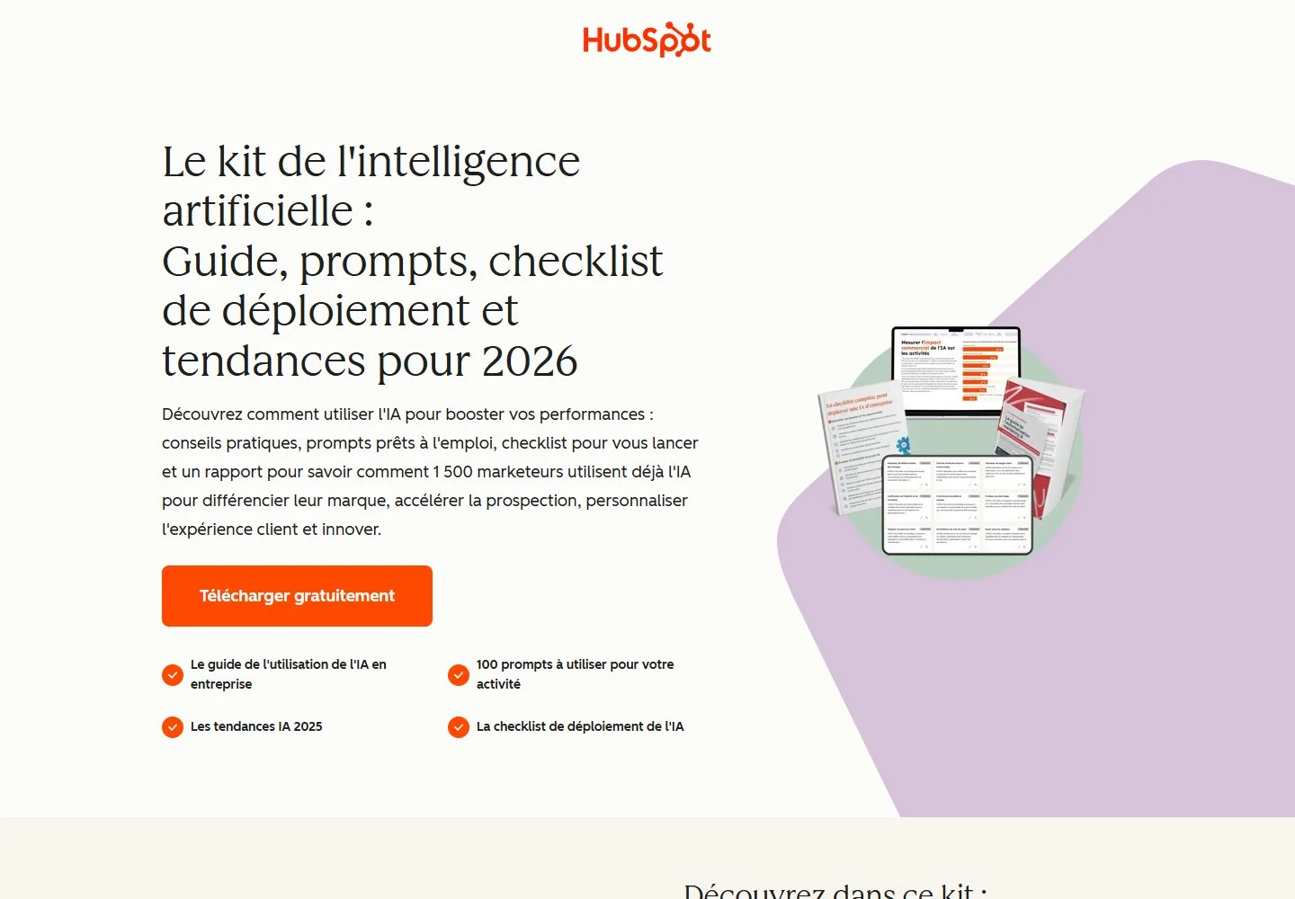 Landing page HubSpot : aperçu du kit IA, liste des ressources et bouton de téléchargement orange.