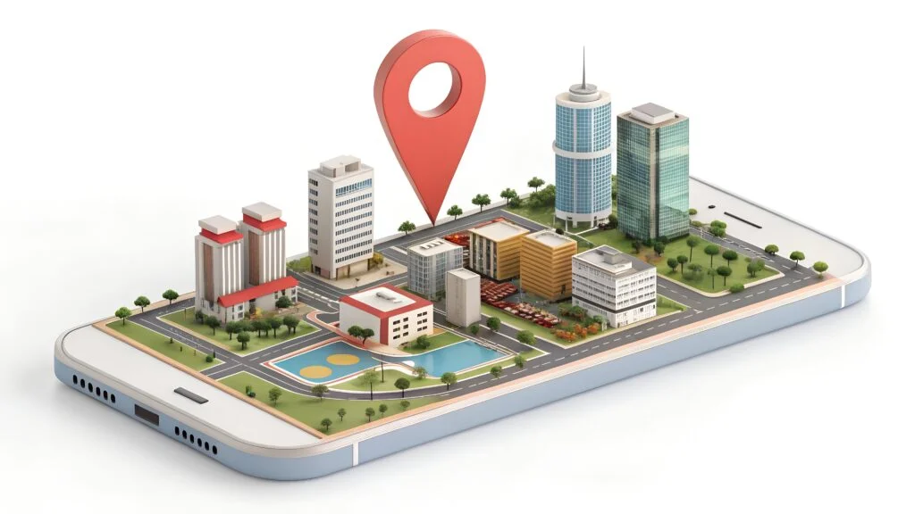 Un smartphone affichant une ville miniature en 3D avec des bâtiments, des routes, des arbres et un grand marqueur de localisation sur le dessus - parfait pour visualiser les stratégies SEO Suisse ou explorer les tendances analyses 2025 du marketing digital.