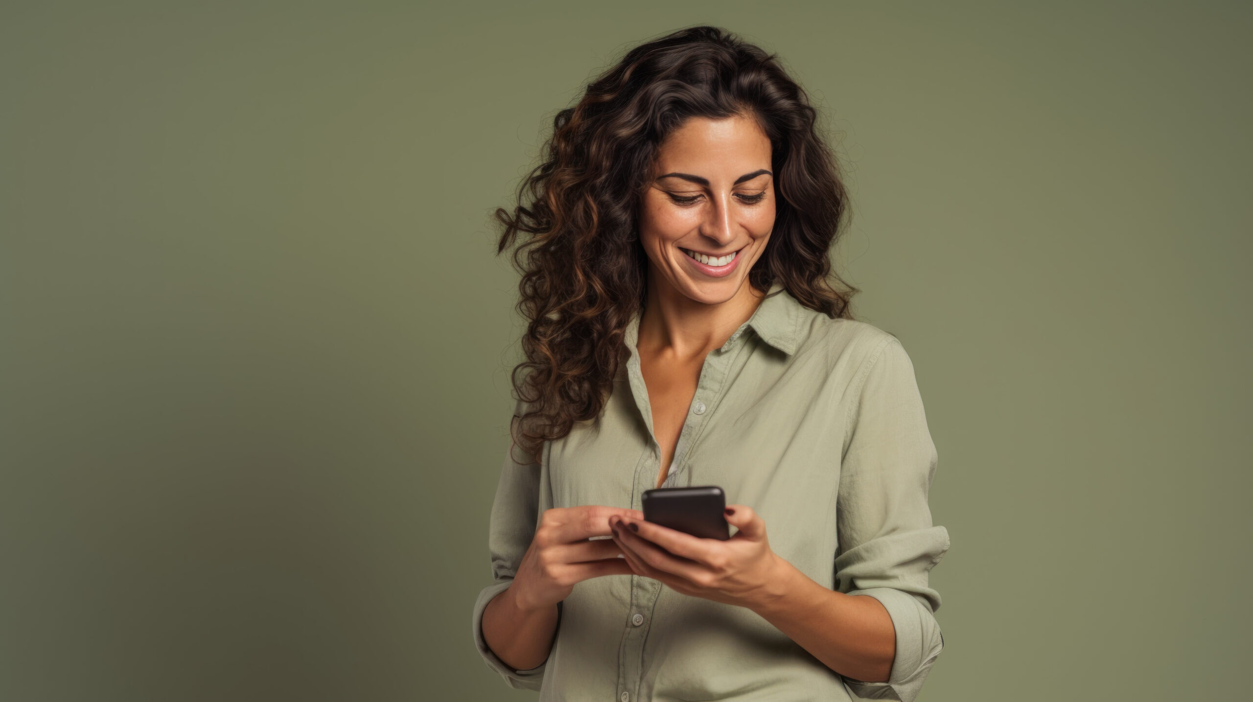 studio portrait of a smiling young woman with dark hair using an app on her mobile phone to make a purchase or communicate