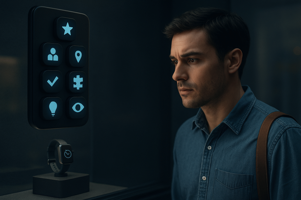 Un homme se tient devant un panneau d'affichage avec des icônes lumineuses et une montre intelligente sur un support, explorant comment les biais cognitifs peuvent aider à créer une marque inoubliable dans un cadre moderne et faiblement éclairé.