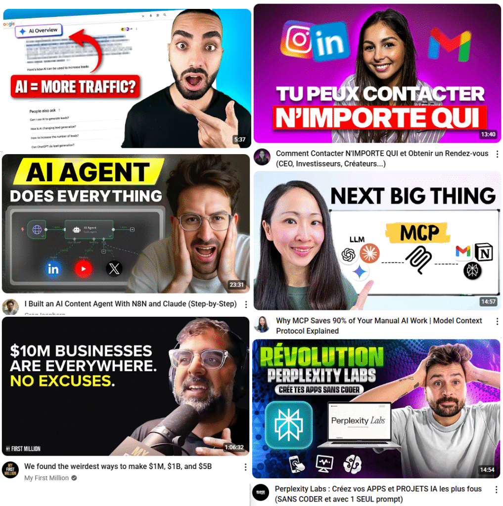 Un collage de six miniatures de vidéos YouTube présentant des personnes, du texte en gras et des graphiques sur ChatGPT, la croissance de l'entreprise, les secrets de LinkedIn, l'argent et le développement d'applications.