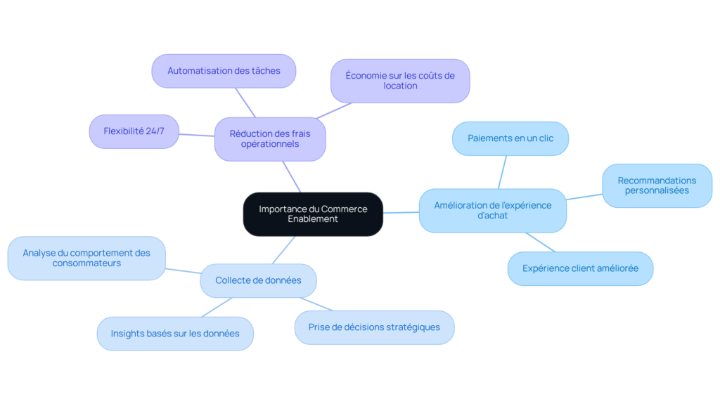 Une carte mentale en français illustrant la définition et les éléments clés de Commerce Enablement, avec des branches sur l'automatisation, la réduction des coûts, la collecte de données, les paiements et l'amélioration de l'expérience client.