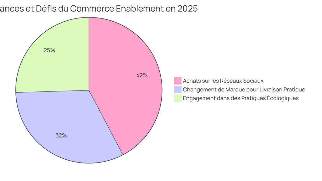 Diagramme à secteurs mettant en évidence les éléments clés : 42 % pour les achats sur les médias sociaux, 32 % pour le changement de marque dû à la commodité de livraison et 25 % pour l'engagement dans des pratiques écologiques - illustrant les tendances en matière d'activation du commerce.