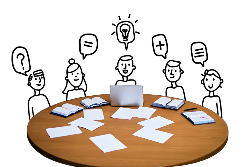 Une table ronde avec des papiers épars, des livres, un ordinateur portable et des personnes illustrées - dont un médiateur numérique consultant - autour d'elle avec des bulles de pensée, suggérant un brainstorming collaboratif ou une session d'étude.