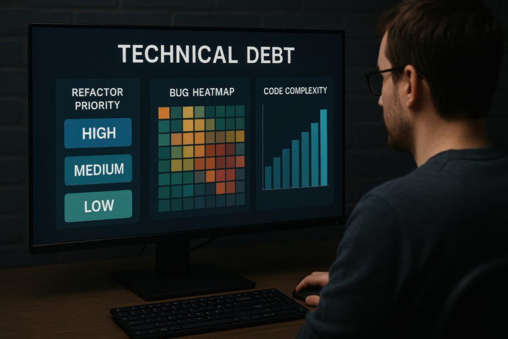 Une personne regarde un écran d'ordinateur affichant des graphiques intitulés "Dette technique", mettant en évidence la priorité des refactors, une carte thermique des bogues et la complexité du code - preuve de la façon dont la technique Dette peut ralentir le développement dans le cours à la vitesse des projets de logiciels.
