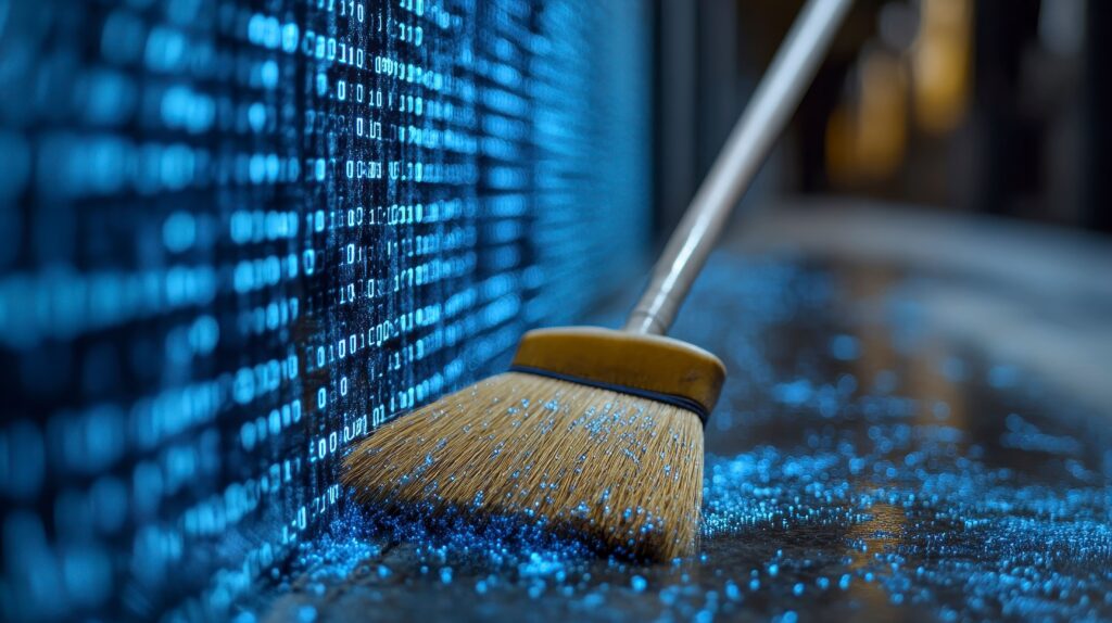 Un balai balaie des particules numériques bleues lumineuses - illustrant la technique de dette - d'une surface située devant un mur affichant un code binaire.