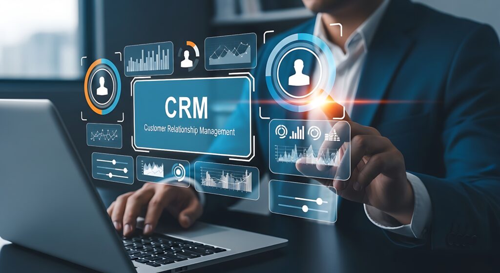 Une personne interagit avec une interface virtuelle de gestion de la relation client affichant des icônes de "gestion de la relation client", assise à un bureau avec un ordinateur portable ouvert.