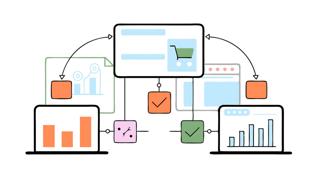 Diagramme d'écrans connectés et d'icônes montrant des graphiques, des tableaux et un panier d'achat, illustrant le flux de données et l'intégration entre les plateformes numériques pour le marketing B2B et les solutions IA en Suisse.