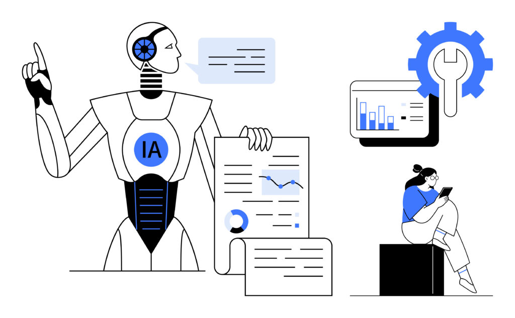 Un robot appelé "IA" présente des données, des graphiques et des documents ; une femme est assise sur un cube et utilise une tablette, symbolisant le marketing B2B en Suisse ; une icône d'engrenage et de clé à molette ainsi qu'un écran de données sont affichés.