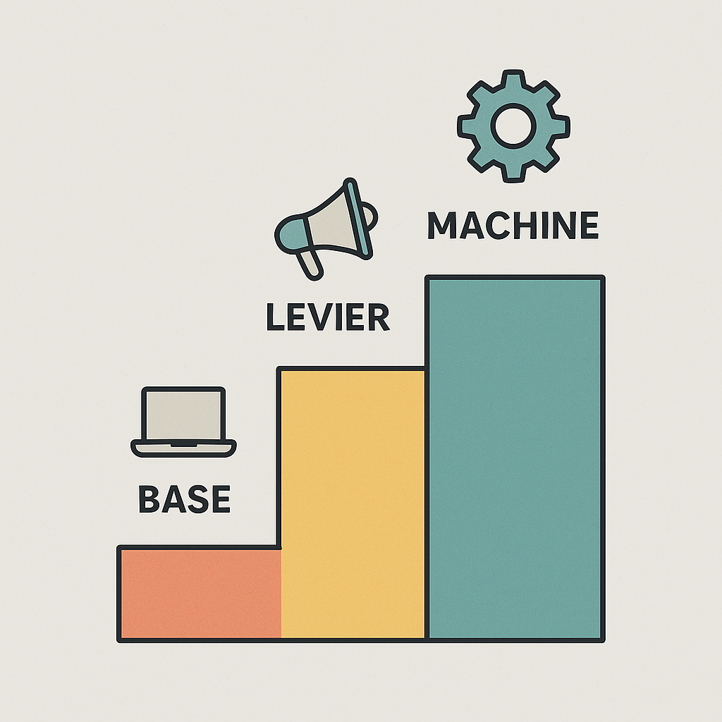 Un graphique à barres avec trois sections étiquetées illustre un guide rapide pour le dirigeant pressé : « Base » avec une icône d'ordinateur portable, « Levier » avec un symbole de mégaphone et « Machine » marqué par une icône d'engrenage, mettant en valeur les sommets en corrélation avec les avancées du marketing numérique.