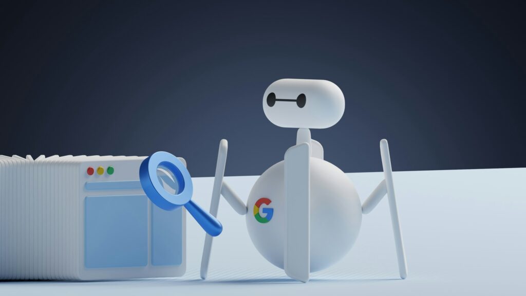 Un robot portant le logo de Google tient une loupe près de la fenêtre d'un navigateur web, suggérant une recherche web ou une analyse de site web SEO en 2026.