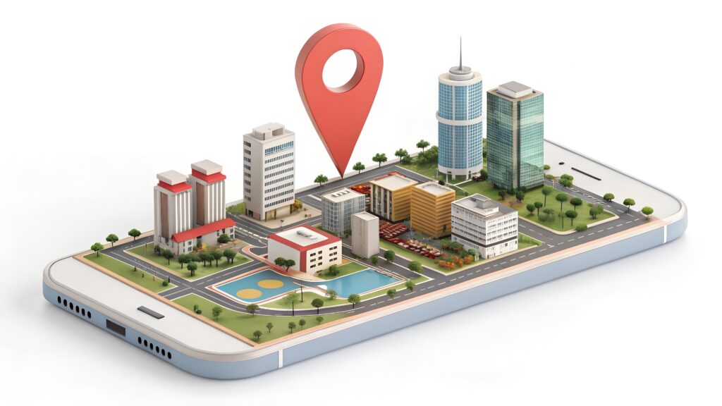 Un smartphone affichant une ville miniature en 3D avec des bâtiments, des routes, des arbres et un grand marqueur de localisation sur le dessus - parfait pour visualiser les stratégies SEO Suisse ou explorer les tendances analyses 2025 du marketing digital.