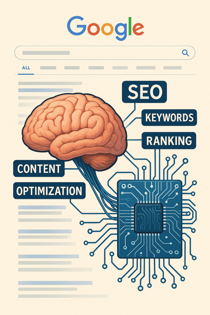 Illustration d'une page de recherche Google avec un cerveau et un circuit imprimé connectés. Les libellés incluent SEO, Mots-clés, Classement, Contenu et Optimisation, illustrant les stratégies numériques essentielles pour se positionner sur Google en 2025 sans intelligence artificielle.