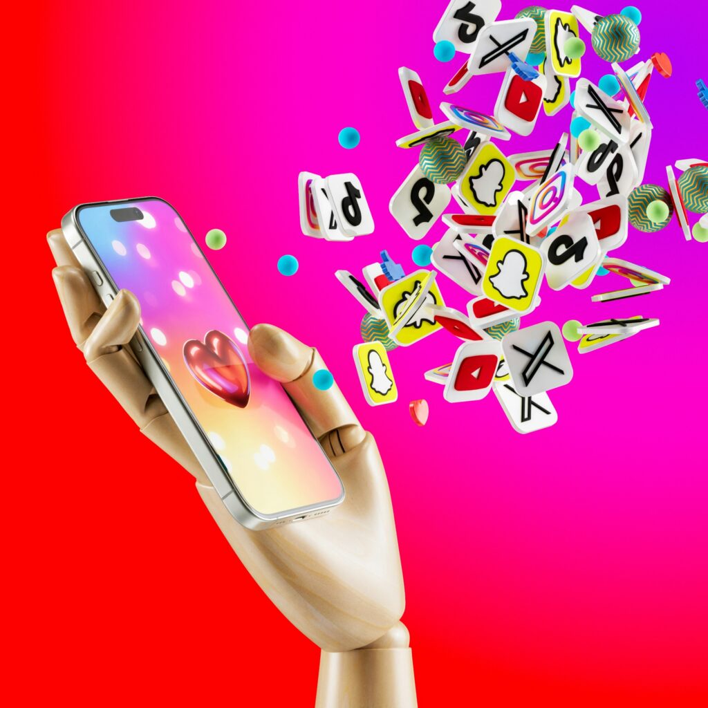 Une main en bois tient un smartphone avec un cœur sur l'écran, tandis que des icônes colorées d'applications de médias sociaux jaillissent de l'appareil - symbolisant la façon dont externaliser votre marketing numérique peut amplifier votre marque dans un monde en ligne dynamique.