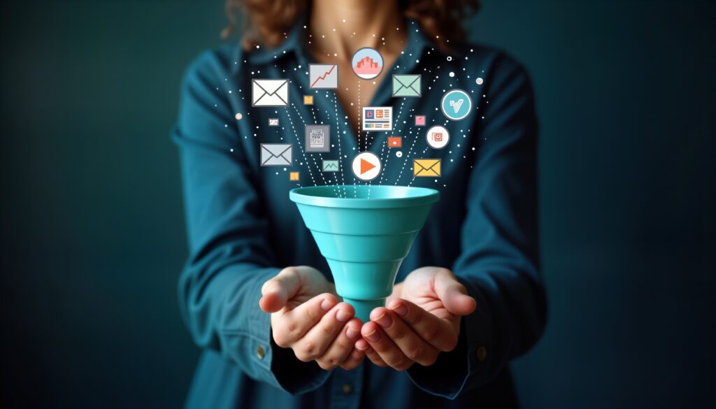 Une personne tient un entonnoir bleu au-dessus duquel flottent diverses icônes de marketing numérique, comme l'e-mail, le chat et les graphiques, ainsi que des références à SEO 2025 et à des statistiques SEO, sur un fond sombre.