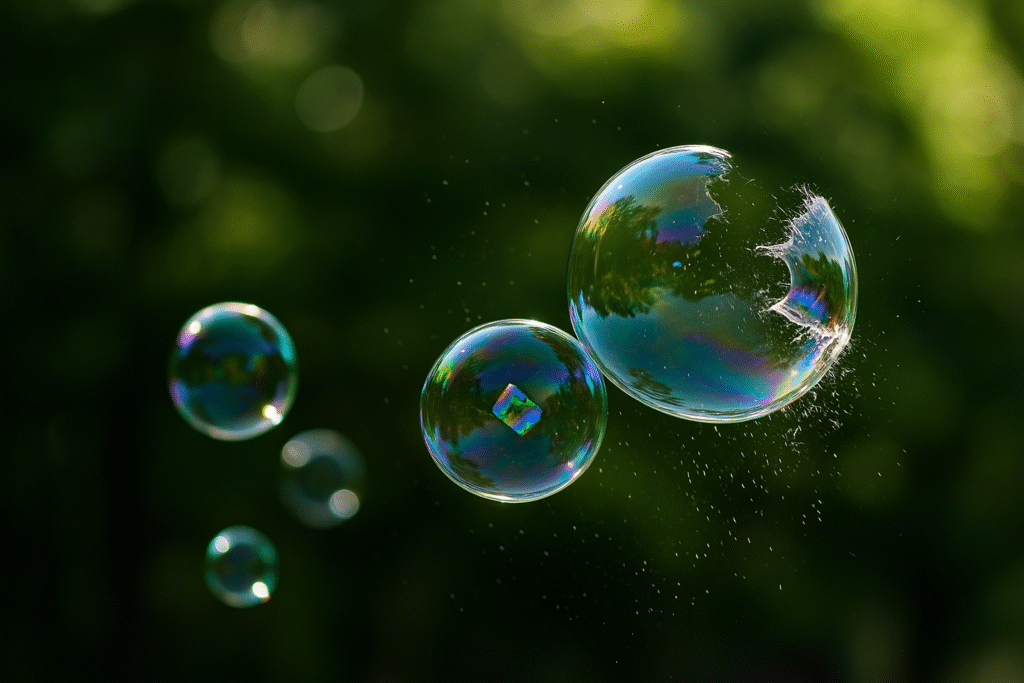 Quatre bulles de savon flottent sur un fond vert flou ; une bulle est capturée en plein éclatement avec des gouttelettes dispersées - une image qui ne manquera pas de faire le buzz parmi les amateurs de photographie.