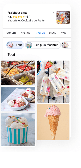 Une photo de glaces et autres desserts sur une page avec des outils indispensables au référencement local.