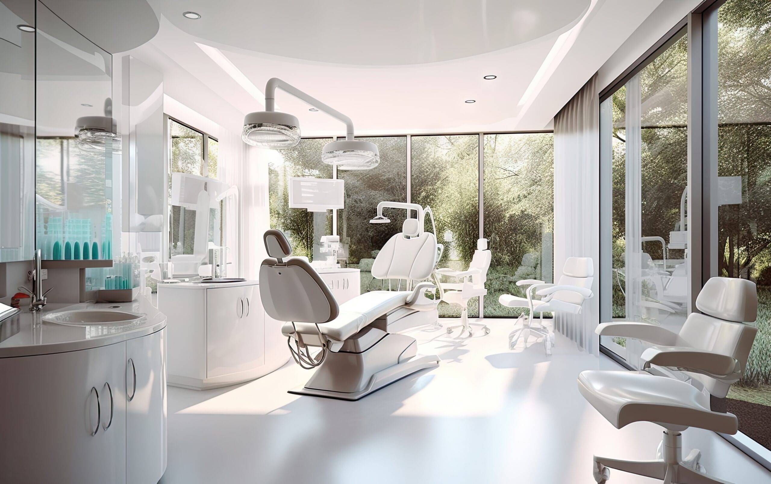 Modern dental clinic interior with nature view through large windows.
